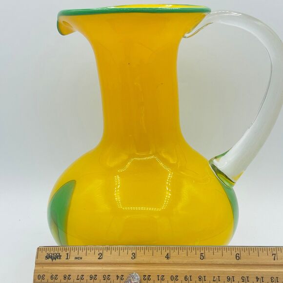 Large Vintage Hand Blown Glass Pitcher Bright Yellow & Green Mid-Century 1960s - Picture 12 of 12
